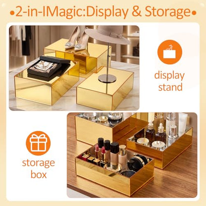3 Pack Extra Large Acrylic Risers - 15”, 14”, 13” Gold Display Stands with Hollow Bottoms, Cube Buffet Riser Boxes Nesting for Dessert Food Catering Buffet Display Party Supplies - color: Gold, size: 15”,14”,13”