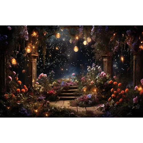 Flower Garden Backdrop Fantasy Floral Scene with Staircase Photography Background Night Sky Stars Landscape Backdrops Mysterious Floral Garden Jungle Plants Backgrounds Wallpaper Photo Props 5x3ft - color: Orange_Black, size: 5x3ft