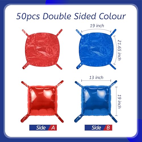 50PCS Blue Red Square Foil Balloon Wall, 19'' Reusable DIY Mylar Double Side Balloons Garland Tunnel Arch Kit for Anniversary Baby Shower Bachelorette Birthday Game Party Decor - color: Blue & Red