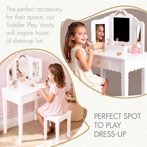 Spirich Kids Vanity Set with Mirror and Stool, Kids Make Up Vanity Desk for Little Girls, Children Makeup Dressing Table with Drawer - size: Golden bow