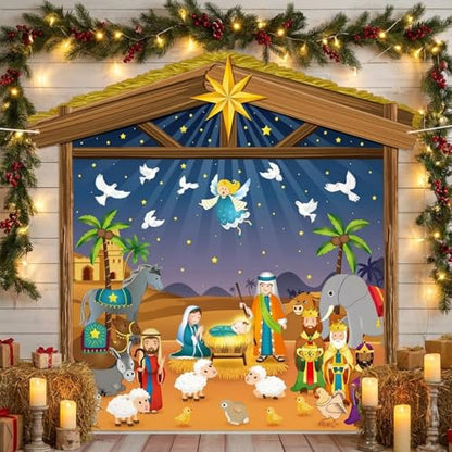 Panelee 7 X 6.5 Ft Christmas Nativity Scene Backdrop Decorations Christian Birth of Jesus Backdrop Banner Photo Booth Props for Garage Door Wall Decor Religious Winter Holiday Party Supplies - style: Cute
