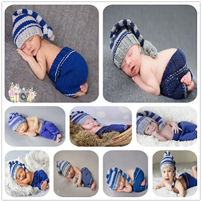 Newborn Baby Photo Shoot Props Girl Boy Crochet Knit Hat Costume Stripe Hat Pants Overalls Photography Props - color: Multicolor