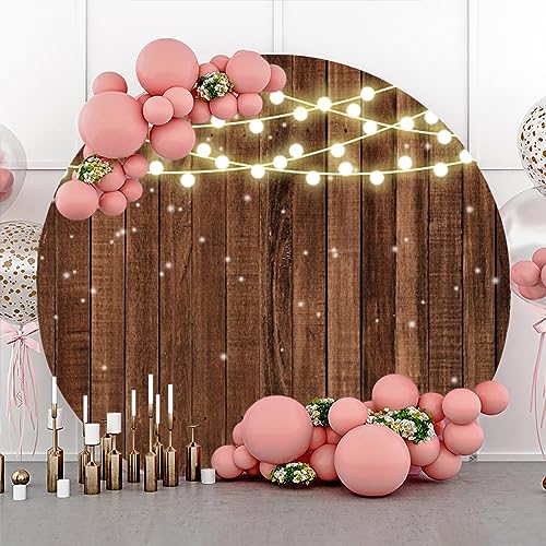 7x7ft Glitter Rustic Wood Round Backdrop Brown Wooden Texture String Lights Circle Photography Background for Baby Shower Birthday Wedding Bridal Shower Party Banner Photo Booth Props - size: 7x7ft-Diameter