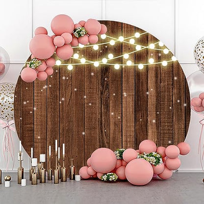 7x7ft Glitter Rustic Wood Round Backdrop Brown Wooden Texture String Lights Circle Photography Background for Baby Shower Birthday Wedding Bridal Shower Party Banner Photo Booth Props - size: 7x7ft-Diameter