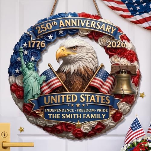 Personalized 250th Anniversary Patriotic Wood Wreath Door Sign 1776-2026, Custom Family Name Round Door Hanger, Independence Decor, Decoration Gifts, Gift For Mom, Dad, Brother, Family /17 - color: Design 17