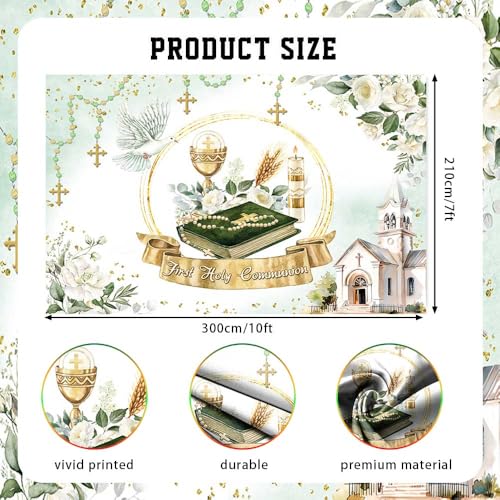 AIBIIN 10x7ft First Holy Communion Backdrop Greenery Mi Primera Comunion Photography Background Baptism Christening God Bless Mi Bautizo Party Decorations Banner Photo Props - size: 10x7ft