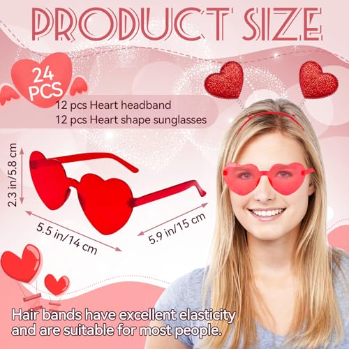 Zddaoole 24 Pcs Valentine's Day Heart Headband and Heart Shape Sunglasses,Red Romantic Head Bopper,Valentines Photo Prop Headbands for Wedding,Engagement,Anniversary,Birthday Party Favor