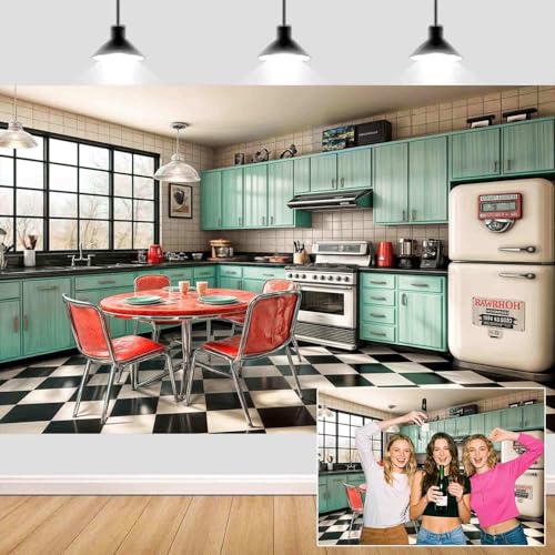 5X3ft Retro Kitchen Photography Backdrop 1950s Interior Cooking Dining Background 50s Dinner Birthday Party Banner Decorations Adult Portrait Video Photo Shoot Props - color: Multi2, size: 5x3ft