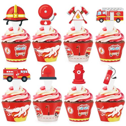 48 Pack Fire Truck Cupcake Toppers and Wrappers, Firefighter Fireman Party Cake Decoration for Firefighting Theme Birthday Party Baby Shower Supplies - style: Fire Truck