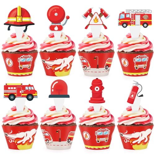 48 Pack Fire Truck Cupcake Toppers and Wrappers, Firefighter Fireman Party Cake Decoration for Firefighting Theme Birthday Party Baby Shower Supplies - style: Fire Truck