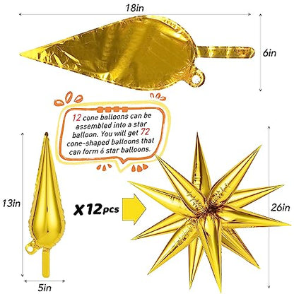 72PCS Gold Silver Black Star Balloons, Big 26 Inch Star Foil Metallic Mylar Balloons, Spike Balloon Fireworks for Graduation New Year Retirement Party Birthday Photo Props - color: Gold, Silver, Black, 26 Inch