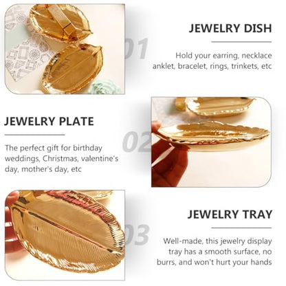 KESYOO Ceramic Jewelry Tray Gold Leaf Trinket Dish Ring Holder Plate Jewelry Organizer Decorative Display for Women Vanity Table and Photo Props