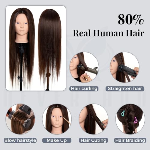 28 Inch Mannequin Head 80% Real Hair with Tripod Stand, Cosmetology Manikin Practice Doll Head,Braiding Hairdressing Head with Table Clamp + DIY Hair Styling Set #4 - color: Brown