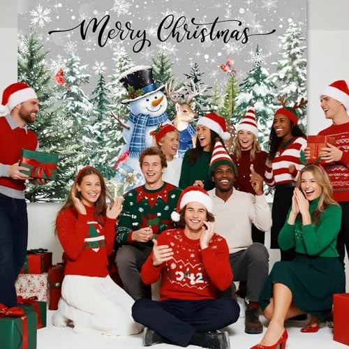 MEHOFOND 10x7ft Christmas Backdrop Winter Snowman Merry Christmas Photography Background Xmas Tree Snowflake Decorations Banner for Winter New Year Xmas Eve Family Party Decor Photo Booth Props - size: 10x7ft