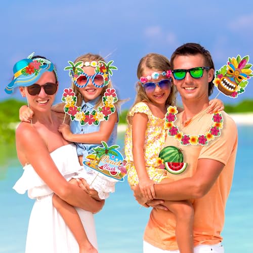 Konsait 42 PCS Hawaiian Photo Booth Props Luau Party Decorations, Summer Photo Booth Props Tropical Picture Prop Hawaiian Party Decor Aloha Backdrop Prop