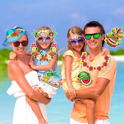 Konsait 42 PCS Hawaiian Photo Booth Props Luau Party Decorations, Summer Photo Booth Props Tropical Picture Prop Hawaiian Party Decor Aloha Backdrop Prop
