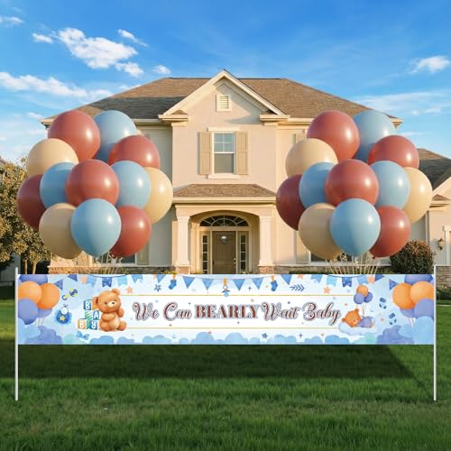 We Can Bearly Wait Baby Shower Decorations Set with 50 Balloons Large 10ft Fabric Banner Blue Brown Boho Teddy Bear Theme Party Supplies for Boy Gender Reveal Backdrop Yard Sign Photo Prop