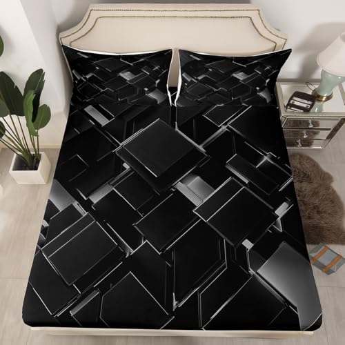 jejeloiu Black Geometric Fitted Sheet Full Size Kids Stereoscopic Square Bed Sheets Set for Boys Girls Teens Neon Bedding Set Breathable Modern Art Bedroom Decor - color: Black, size: Full
