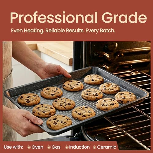 BAKKEN Kitchen Baking Pans - Small, Medium, and Large Cookie Pan (13.58×9.65, 15.75×11, 17.91×12.60), Nonstick, Diamond Texture Bottom, PFOA, PFOS, PTFE Free, Oven Safe (450°F), Pack of 3, Gray Marble - color: Gray Marble, size: Pack of 3