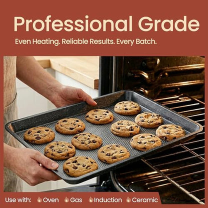 Diamond Bottom Cookie Sheet Set of 2, Nonstick Gray Marble Carbon Steel Baking Pans for Crisp Baking, Space-Saving Stackable Trays, PFOA, PFOS, PTFE Free, Oven Safe Up to 450°F, Small & Medium Pans - color: Gray Marble, size: Pack of 2