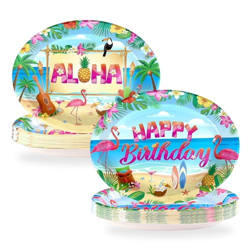50Pcs Hawaiian Luau Oval Paper Plates 10" x 12" Large Disposable Heavy Duty Tropical Flamingo Party Platters Summer Aloha Dessert Plates for Holiday Beach Birthday Dinner Party Decorations Supplies - style: 50Pcs Beach Luau Oval Paper Plates