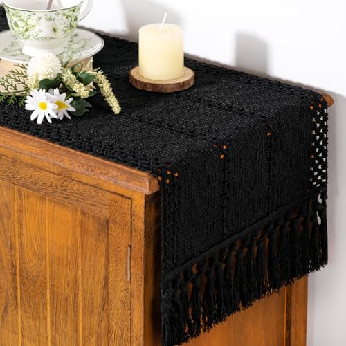 Socomi Boho Table Runner Summer Farmhouse Rustic Dining Kitchen Centerpiece Decor Small Macrame Woven Cotton Linen Coffee Table Runner for Dresser Scarf Home Decor 12x60 inch Black - color: Black, size: 12" X 60"