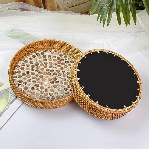 Round Rattan Serving Tray 12 Inch Rattan Tray with Mother of Pearl Inlay Decorative Eating Tray Coffee Table Tray Woven Wicker Tray for Storage Display Bread Fruit Boho Home Decor - color: Planet