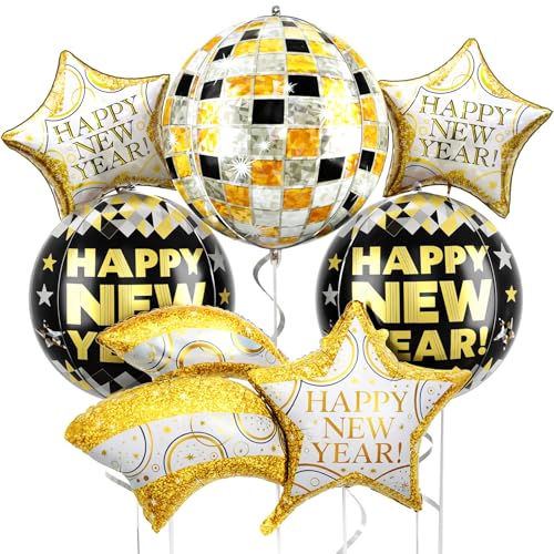 Biapian New Year Eve Balloons, 6 Pcs Huge Black and Gold Happy New Years Foil Balloons with 22 Inch Shiny Disco Ball NYE Balloon 18 Inch Round Star Balloon for 2026 New Year Party Decorations Supplies - style: New Year