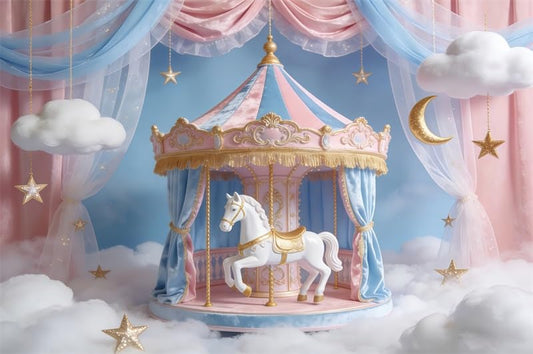 5x3ft Cloud Carousel Backdrop Pink Blue Gold Carousel Horse Clouds Stars Moon Sheer Curtains Photo Background for Princess Birthday Party Baby Shower Wedding Decor Photo Booth Props Polyester - color: Pink Blue, size: 5x3ft