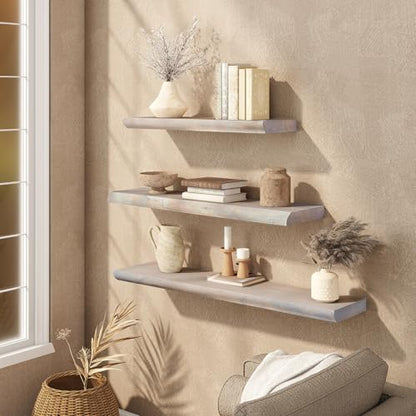 Live Edge Floating Shelves Set of 2, 32 Inch Solid Elm Wood Wall Shelves - Invisible Bracket Mount for Living Room, Bedroom, Kitchen, Bathroom | Weathered Gray - color: Driftwood Gray, size: 32"L, 2-Pack