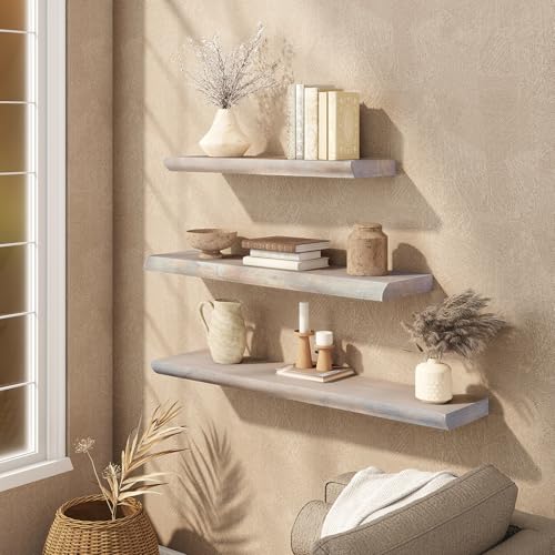 Live Edge Floating Shelves Set of 2, 36 Inch Solid Elm Wood Wall Shelves - Invisible Bracket Mount for Living Room, Bedroom, Kitchen, Bathroom | Weathered Gray - color: Driftwood Gray, size: 36"L, 2-Pack