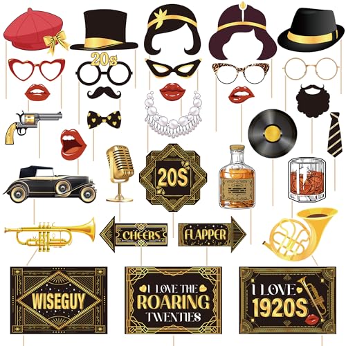 20s Roaring Photo Props - 33 Pcs Black Gold PhotoBooth Party Decorations for Men Women Selfie 1920s Funny Jazz Glasses Supplies Kit for Photography Vintage Disco Music Theme Birthday Favors - color: Roaring 20s