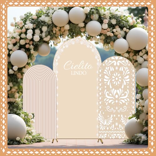 3 Pcs Mexican Arch Backdrop Cover 4Ft 5Ft 6Ft Beige Backdrop Double-Sided Arch Stand Covers Photo Background for Talavera Baby Shower Wedding Birthday Fiesta Party Decoration