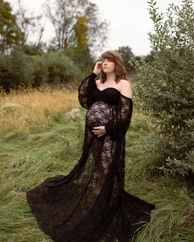 Saslax Soft Stretchy Lace Off Shoulder Doubly Split A-line Skirt Maternity Dress Pregnancy Maxi Gown for Photoshoot - color: Black, size: X-Large