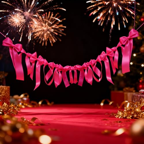 Hot Pink Satin Bow Garland Banner Coquette Bachelorette Party Decor,Bridal Shower Backdrop,Wedding & Engagement Party Supplies,Birthday Decoration,Photo Booth Props(Hot Pink) - color: Hot Pink