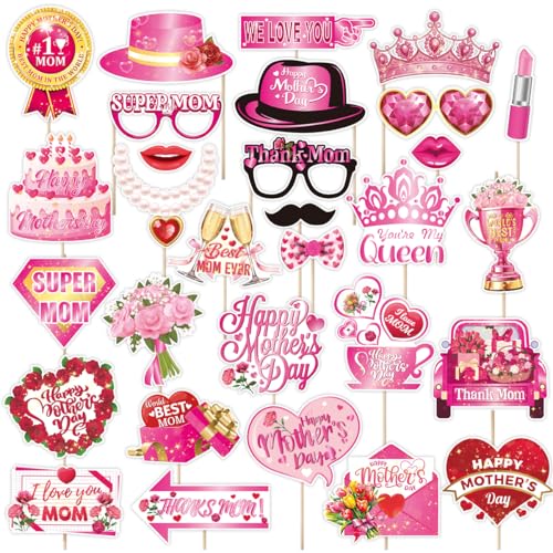 Mothers Day Decorations, Tumwisk 30 PCS Mother's Day Photo Props, Pink Happy Mothers Day Photobooth Decorations Celebrating Mother's Day for Mum Show Your Love and Thanks for Mum - color: Mother's Day