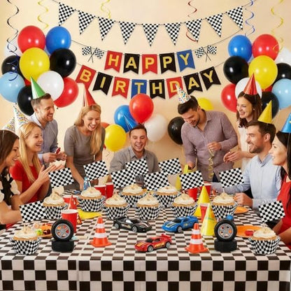 TecUnite 100 Pcs Race Car Checkered Flag Cupcake Wrappers Liners and 100 Pcs Cupcake Toppers Race Car Party Cake Decoration for Racing Checkered Theme Birthday Party (Black and White)