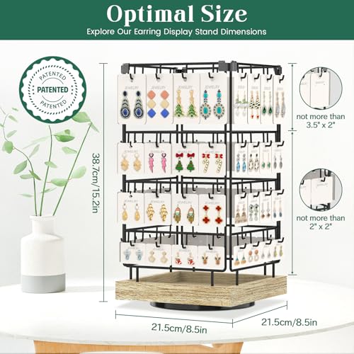 EsLuker.ly Rotating Earring Display Holder Stand for Vendors Events Selling, Large Capacity 64 Hooks Jewelry Rack with Wooden Base for Earring Card Sales, Enhances Retail Display Visibility - color: Oak+Black