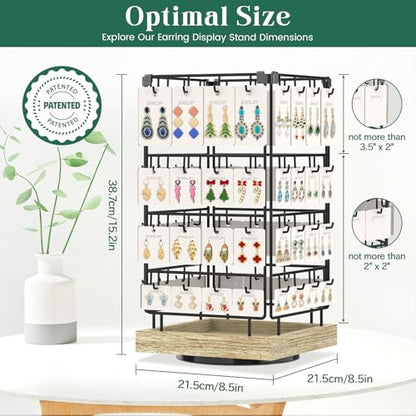 EsLuker.ly Rotating Earring Display Holder Stand for Vendors Events Selling, Large Capacity 64 Hooks Jewelry Rack with Wooden Base for Earring Card Sales, Enhances Retail Display Visibility - color: Oak+Black