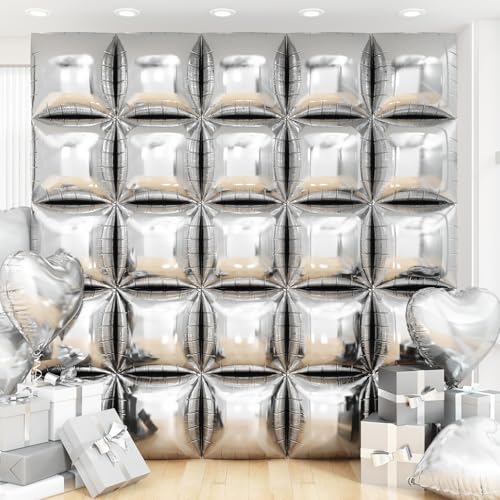 Silver Square Foil Balloon Wall,25Pcs Silver Balloons Backdrop Helium Balloon Tunnel Arch Garland Kit for Birthday Bridal Anniversary Baby Shower Party Decorations - style: Silver