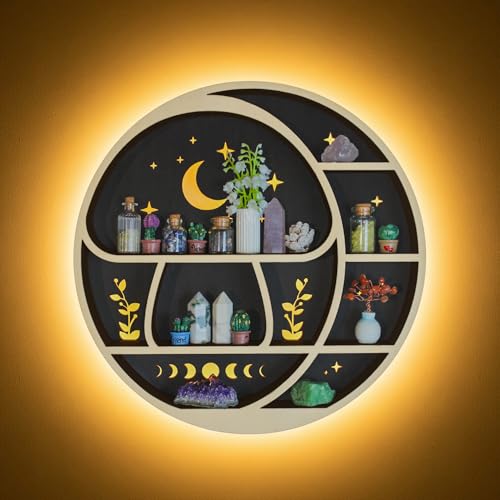 Circle Mushroom on The Moon Wall Shelf with LED Light, Wooden Trinket Knick Knack Shelf, Mushroom & Moon Decor Crystal Display Shelf for Rocks Gems Healing Stones, Cute Crystal Holder Organizer - color: Mushroom & Moon