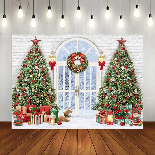 Christmas Photography Backdrop 7x5ft Christmas Tree Door Xmas Party Decorations Photo Background Snowy Winter Scenery Outside The Door White Brick Wall Family Photo Shoot Booth Props