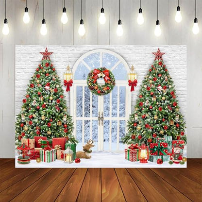 Christmas Photography Backdrop 7x5ft Christmas Tree Door Xmas Party Decorations Photo Background Snowy Winter Scenery Outside The Door White Brick Wall Family Photo Shoot Booth Props