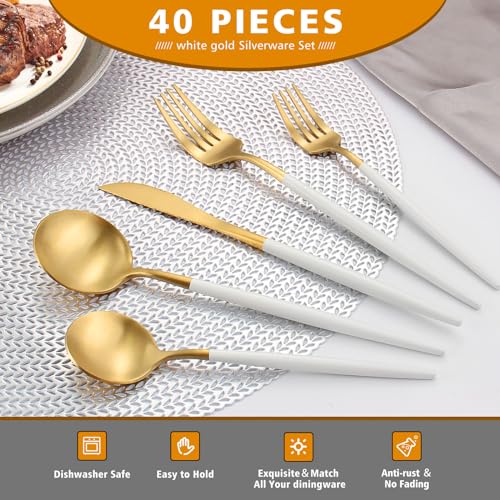 Matte White Gold Silverware Set, Oliviola 40-Piece Stainless Steel Flatware Cutlery Set Service for 8, Satin Finish Kitchen Utensil Set, Dishwasher Safe - color: Whitegold, size: 40-piece