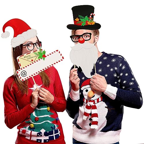 SUNBEAUTY 28 PCS Christmas Photo Booth Props Christmas Party Supplies Selfie Holiday Photo Booth Props Perfect for Family Gatherings, Parties & Holiday Events - color: Christmas