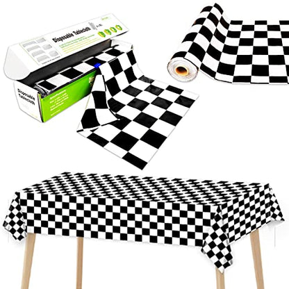 Black and White Checkered Tablecloth Roll 52 in x 100 Ft with Slide Cutter Black Checkered Table Cloth Roll Picnic Party Table Cover for Events Family Banquet Parties and Celebrations(Plastic) - color: Black and White Checkered