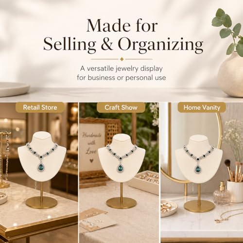 Necklace Display Stand For Selling Velvet Chain Jewelry Bust Holder Organizer With Stainless Steel Stand Jewelry Display - color: Beige-White-7.08in