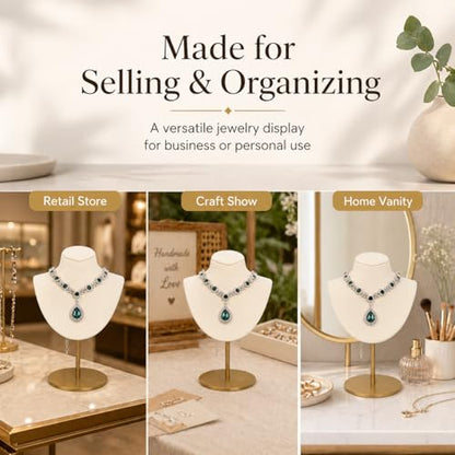 Necklace Display Stand For Selling Velvet Chain Jewelry Bust Holder Organizer With Stainless Steel Stand Jewelry Display - color: Beige-White-7.08in