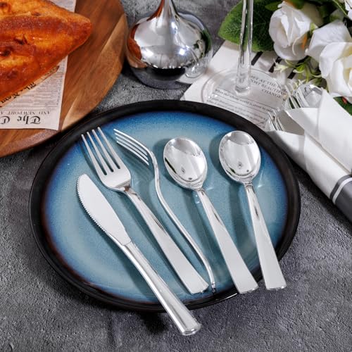 200Guests Pre Rolled Silver Plastic Silverware Sets - Heavy Duty Silver Cutlery - Include 200 Pack Wrapped Disposable Utensils with Napkins for Parties & Dinners & Weddings - color: 200Pack - Silver