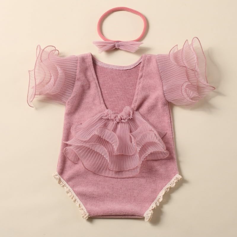 Newborn Photography Outfits Girl, Baby Girl Photo Props, Newborn Photoshoot Ruffles Outfits with Headband - color: Dark Rose
